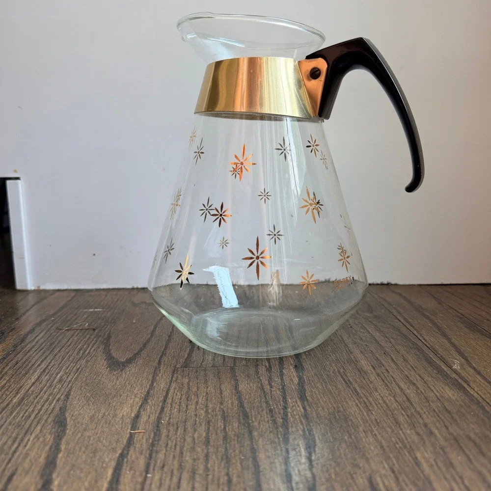 Vintage Pyrex Golden Starburst 10 Cup Glass Carafe MCM Atomic Gold Coffee Server